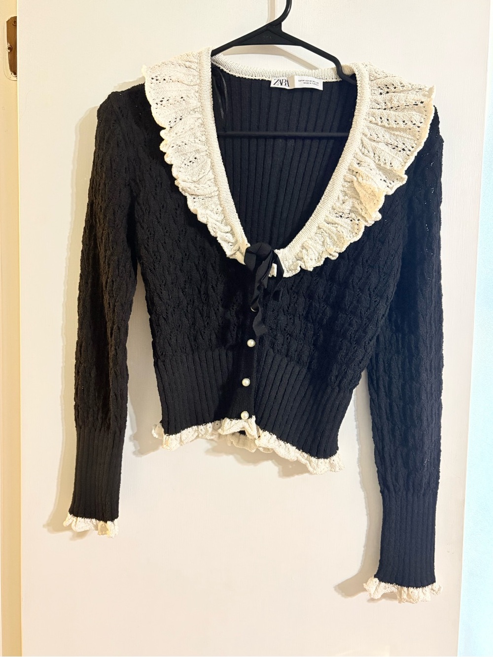 Zara Pointelle Mixed Ruffled Knit Cardigan in Black/Ecru - Size [Med]